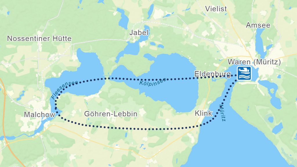 Karte der Flugroute vom Rundflug Müritz mit dem Wasserflugzeug